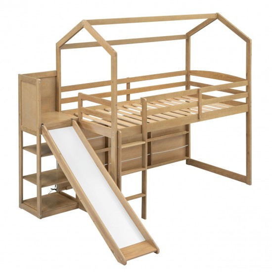 Twin Size Wood House Loft Bed with Slide, Storage Shelves, Light, and Climbing Ramp