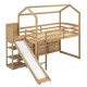 Twin Size Wood House Loft Bed with Slide, Storage Shelves, Light, and Climbing Ramp