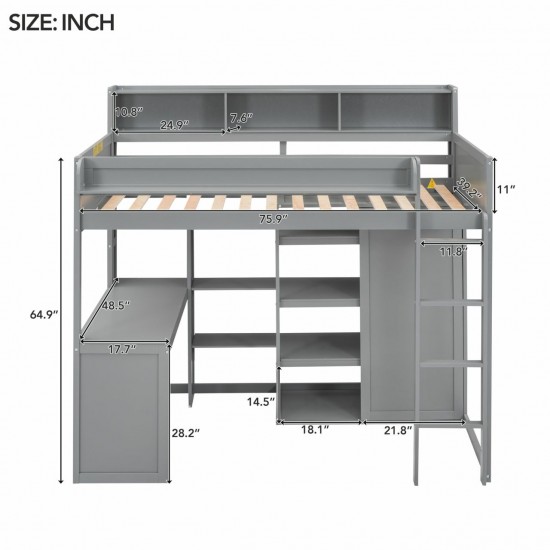 Versatile Wood Twin Size Loft Bed with Storage Shelves, Wardrobe, and Integrated Desk - Gray