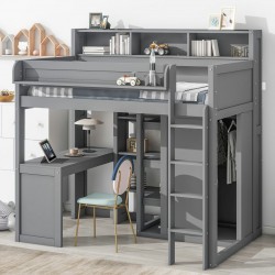 Versatile Wood Twin Size Loft Bed with Storage Shelves, Wardrobe, and Integrated Desk - Gray