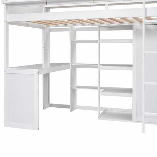 Versatile Wood Twin Size Loft Bed with Storage Shelves, Wardrobe, and Integrated Desk - White