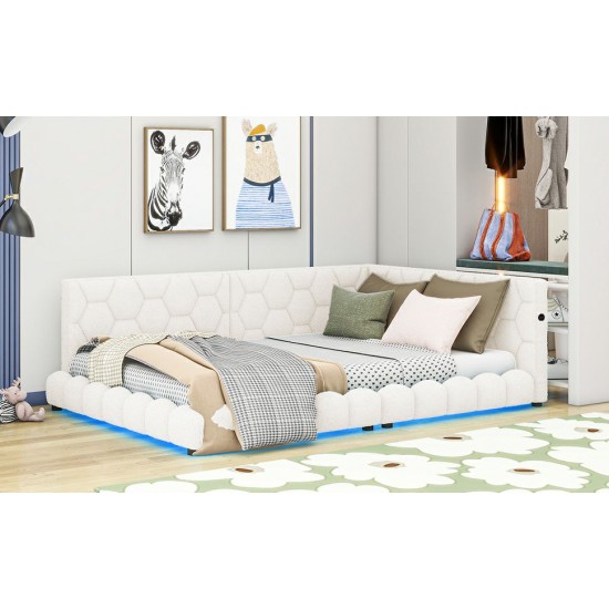 Modern Upholstered Full Size Platform Bed with LED Lighting and USB Ports - White