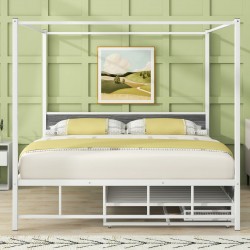 Elegant White Queen Canopy Bed with Trundle and Storage Drawers