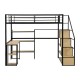 Full Size Metal Loft Bed with Staircase, Desk, and Shelves - Black