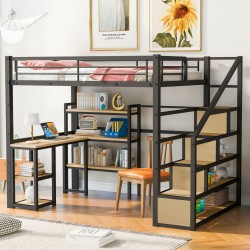 Full Size Metal Loft Bed with Staircase, Desk, and Shelves - Black