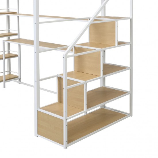 Twin Size Metal Loft Bed with Staircase, Built-in Desk, and 4-Tier Storage Shelves - White