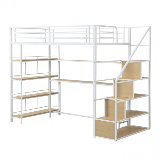 Twin Size Metal Loft Bed with Staircase, Built-in Desk, and 4-Tier Storage Shelves - White