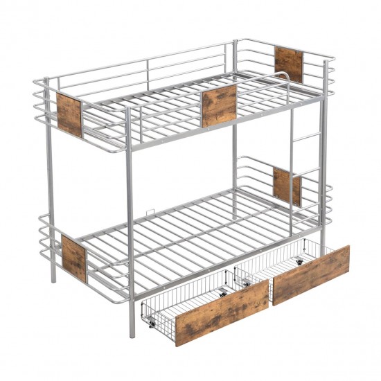 Twin XL Metal Bunk Bed with Storage Drawers - Silver