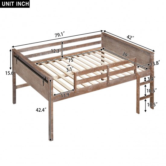 Wood Twin Size Loft Bed with Hanging Clothes Racks - White Rustic Natural Finish