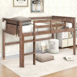 Wood Twin Size Loft Bed with Hanging Clothes Racks - White Rustic Natural Finish
