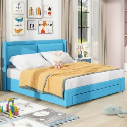 Elegant Queen Size Upholstered Hydraulic Platform Bed with Storage Drawers - Sapphire Blue