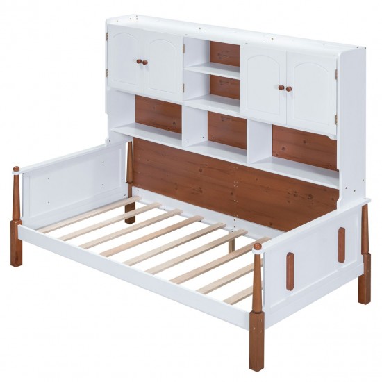 White and Walnut Twin Size Platform Bed with Ample Storage