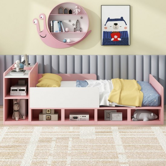 Pink Full Size Platform Bed with Storage Headboard and Underneath Cabinets