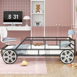 Whimsical Black Metal Twin Size Car-shaped Platform Bed with Headlights and Wheels