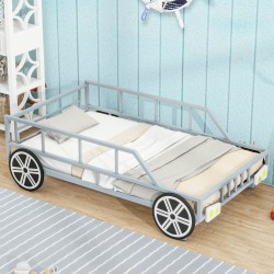 Whimsical Silver Car-Shaped Twin Size Platform Bed with Playful Details