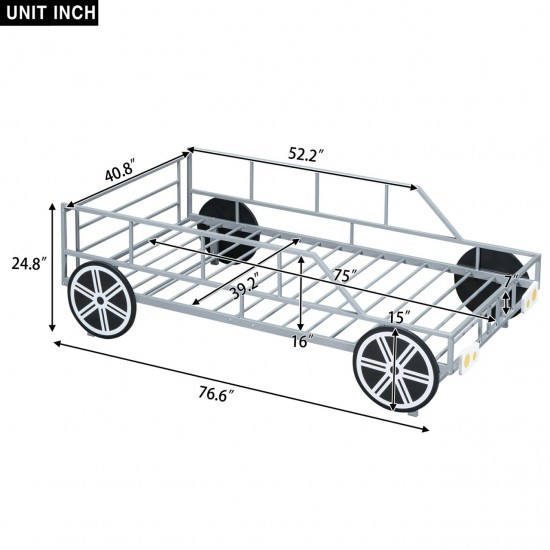 Whimsical Silver Car-Shaped Twin Size Platform Bed with Playful Details