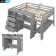 Full Size Low Loft Bed with Rolling Desk, Drawers, and Shelves - Gray - Sapphire Blue