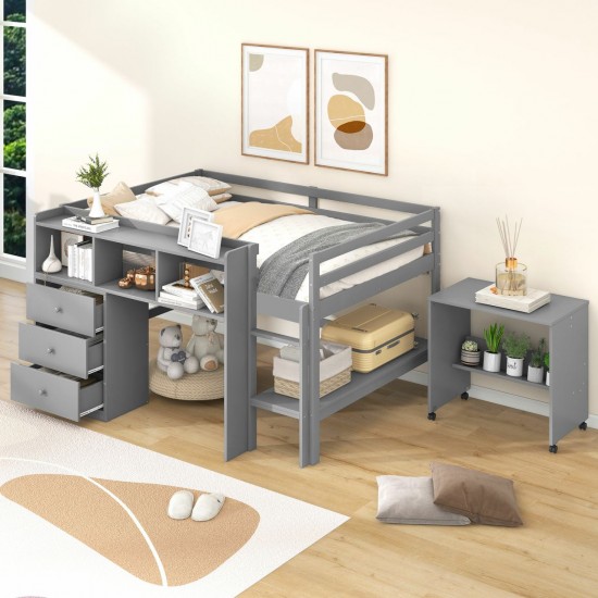Full Size Low Loft Bed with Rolling Desk, Drawers, and Shelves - Gray - Sapphire Blue