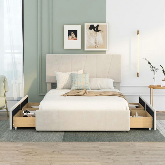 Full Size Upholstered Platform Bed with Adjustable Headboard and Four Storage Drawers - Beige