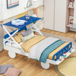 Wood Twin Size Car Bed with Headboard, Footboard, and Playful Car Design - White & Blue
