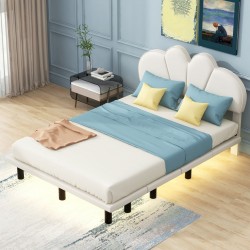 Opulent Beige Full Size Upholstered Platform Bed with LED Lighting
