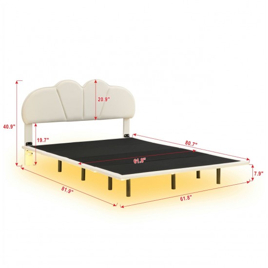 Luxurious Beige Queen Size Upholstered Platform Bed with LED Lighting