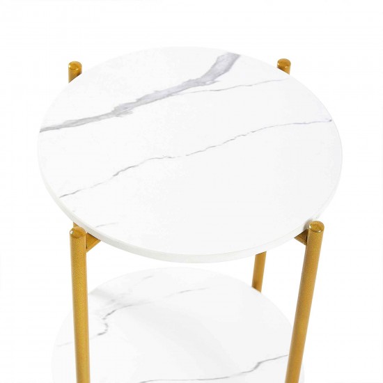 2-layer End Table with Whole Marble Tabletop, Round Coffee Table with Golden Metal Frame for Bedroom Living Room Office (White,1 piece)