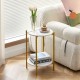 2-layer End Table with Whole Marble Tabletop, Round Coffee Table with Golden Metal Frame for Bedroom Living Room Office (White,1 piece)