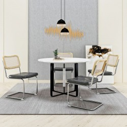 Stylish Gray Leather Dining Chairs with Rattan Accents - Set of 4