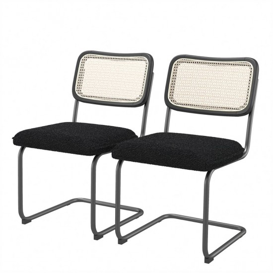 Set of 2, Teddy Velvet Dining Chair with High-Density Sponge, Rattan Chair for Dining room, Living room, Bedroom, Black