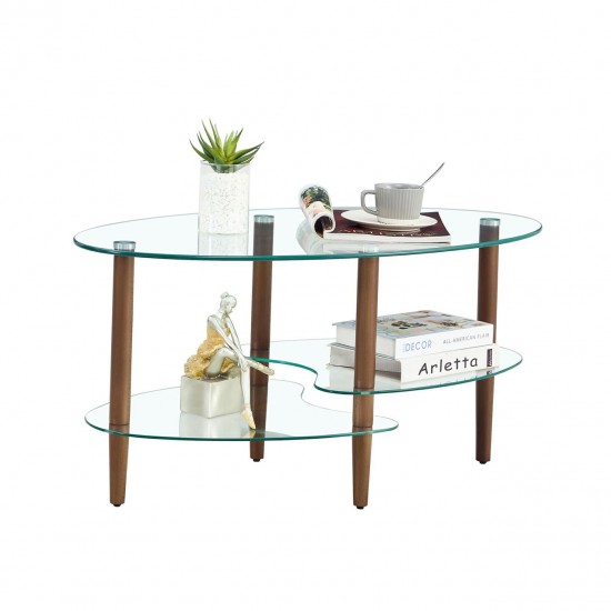 Elegant 3-Layer Oval Glass Coffee Table with Oak Wood Legs