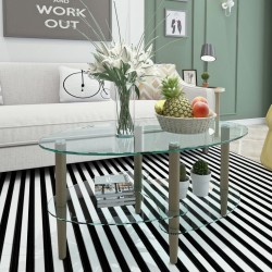 Elegant 3-Layer Oval Glass Coffee Table with Oak Wood Legs